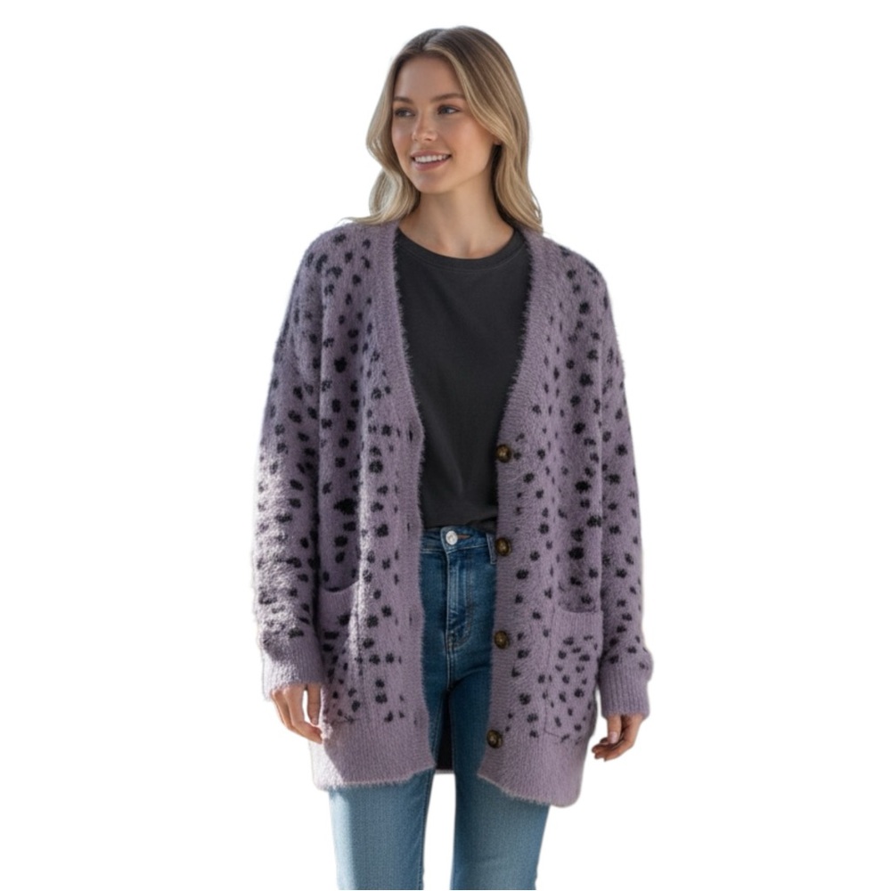 NWT Purple Lava Fuzzy Leopard Purple Cardigan Sweater Medium